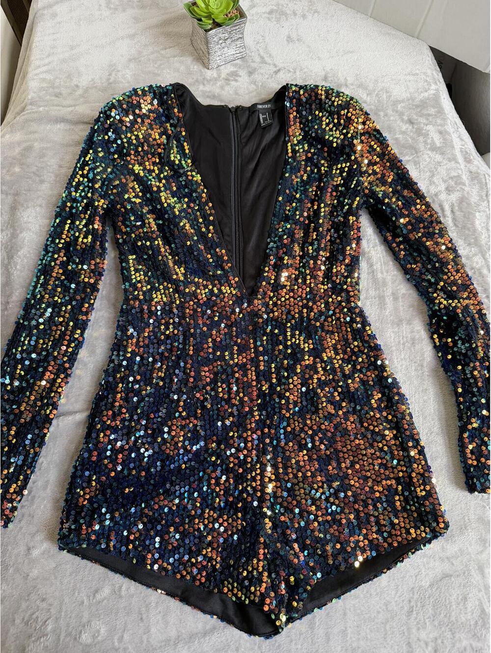 Forever 21 Multi-Color Sequin Long Sleeve Romper Small